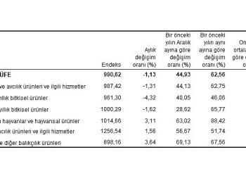 Tarım eserleri üretici fiyat endeksi (Tarım-ÜFE) yıllık yüzde 62,56 arttı, aylık yüzde 1,13 azaldı